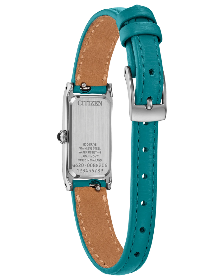 Fio | Citizen Eco-Drive Ladies Watch | Stainless Steel | White Dial Blue Accents | Aqua Leather Strap - Brownee Jewelers