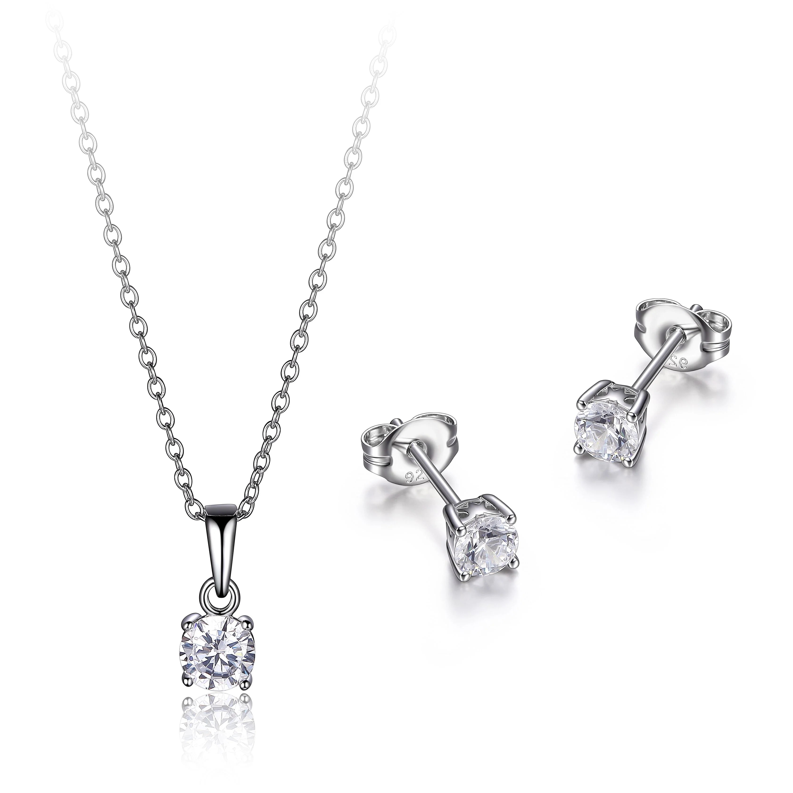Sterling Silver Rhodium-Plated Cubic Zirconia Solitaire Pendant Necklace & Stud Earrings Set