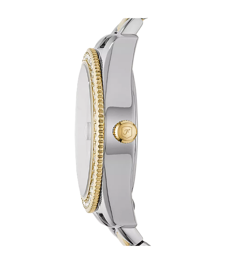 Scarlette Three-Hand Date Watch | Fossil | Two-Tone Stainless Steel | Crystal Bezel | Gold Dial - Brownee Jewelers