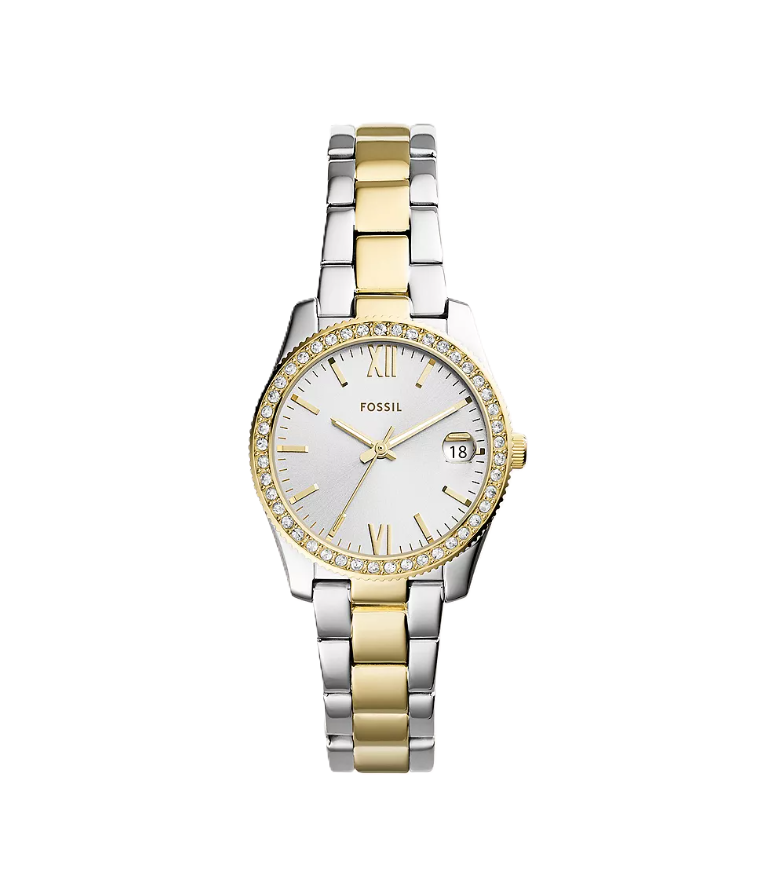 Scarlette Three-Hand Date Watch | Fossil | Two-Tone Stainless Steel | Crystal Bezel | Gold Dial - Brownee Jewelers