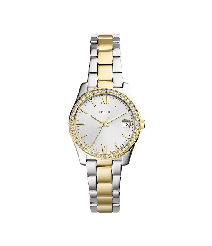 Scarlette Three-Hand Date Watch | Fossil | Two-Tone Stainless Steel | Crystal Bezel | Gold Dial - Brownee Jewelers