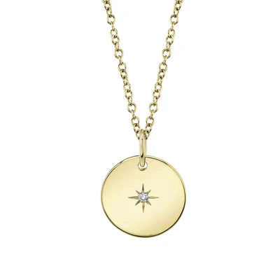 Diamond Star Disc Necklace | 14K Yellow Gold | Round Diamond Accent | 18" - Brownee Jewelers