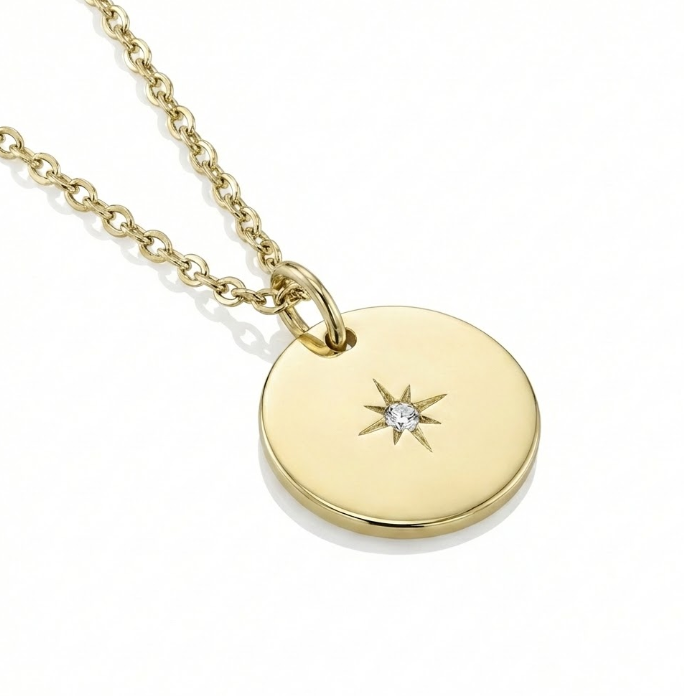Diamond Star Disc Necklace | 14K Yellow Gold | Round Diamond Accent | 18" - Brownee Jewelers