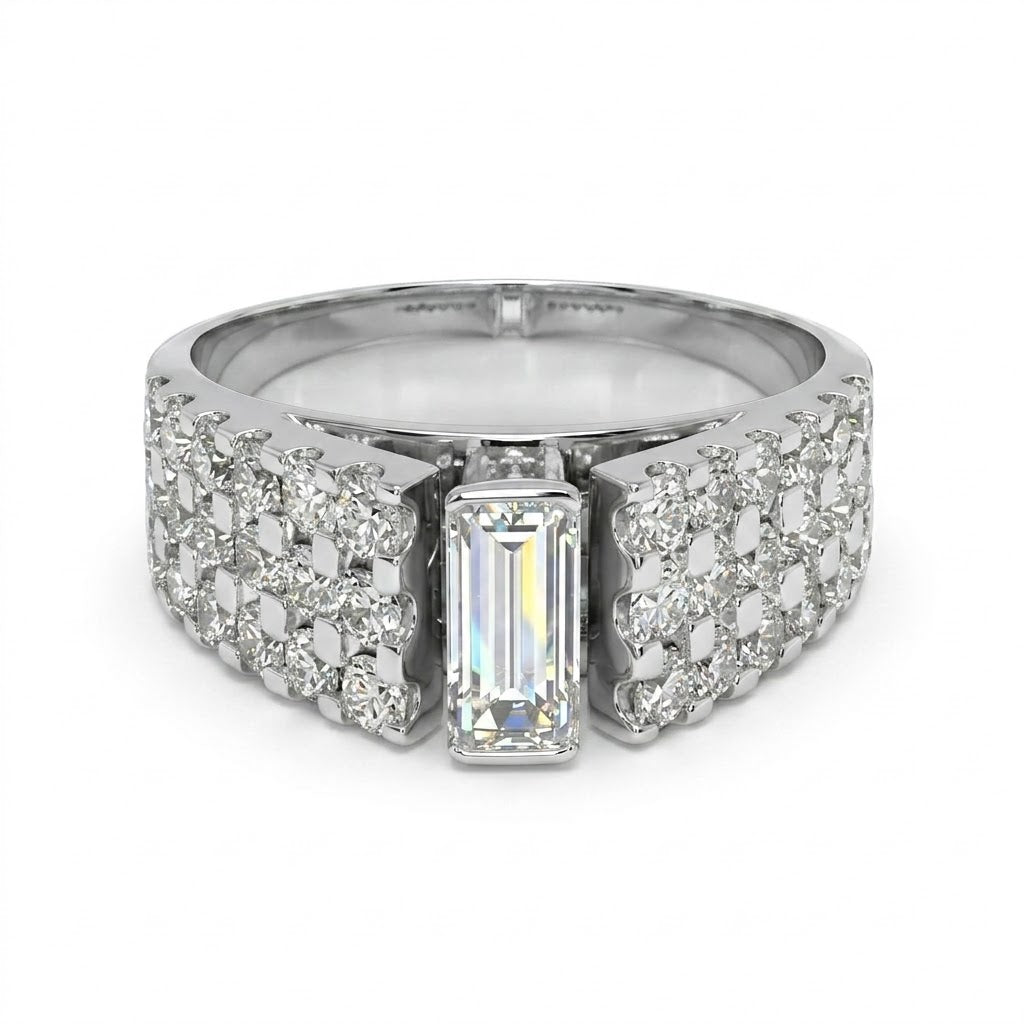 Baguette Diamond Ring | 14K White Gold | 0.50 CT Baguette Center Diamond | Pavé Diamond Statement Ring - Brownee Jewelers
