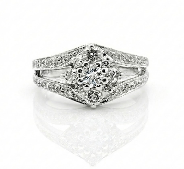 Round Diamond Cluster Split Shank Ring | 14K White Gold | Halo Style | Diamond Fashion Ring - Brownee Jewelers