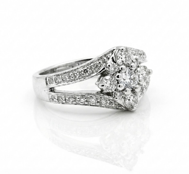 Round Diamond Cluster Split Shank Ring | 14K White Gold | Halo Style | Diamond Fashion Ring - Brownee Jewelers