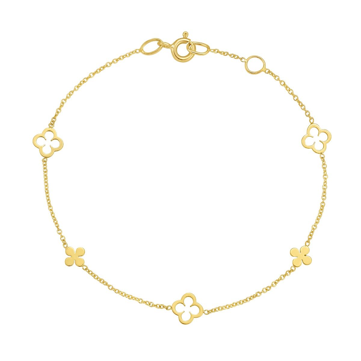 7 Inch 14K Yellow Gold Clover Cable Station Bracelet with a Spring Ring Clasp