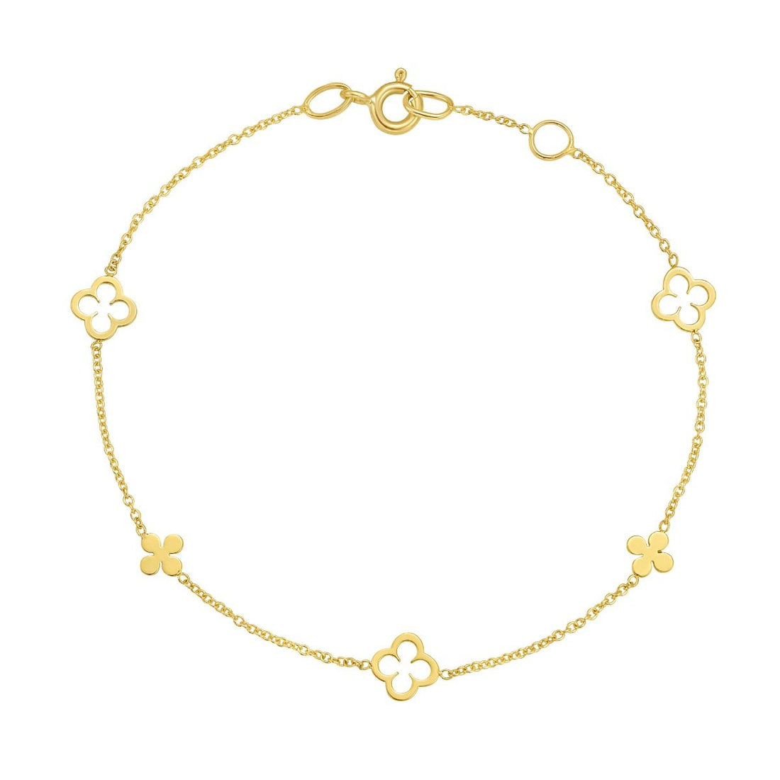 7 Inch 14K Yellow Gold Clover Cable Station Bracelet with a Spring Ring Clasp