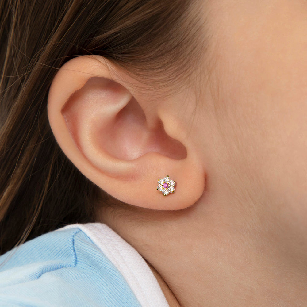 Sterling Silver & 14K Yellow Gold Flower Children's Stud Earrings with Screw Backs