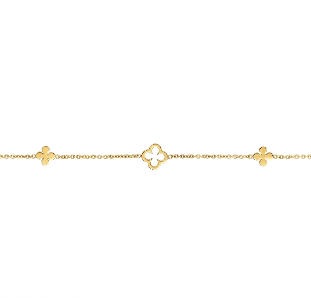 7 Inch 14K Yellow Gold Clover Cable Station Bracelet with a Spring Ring Clasp