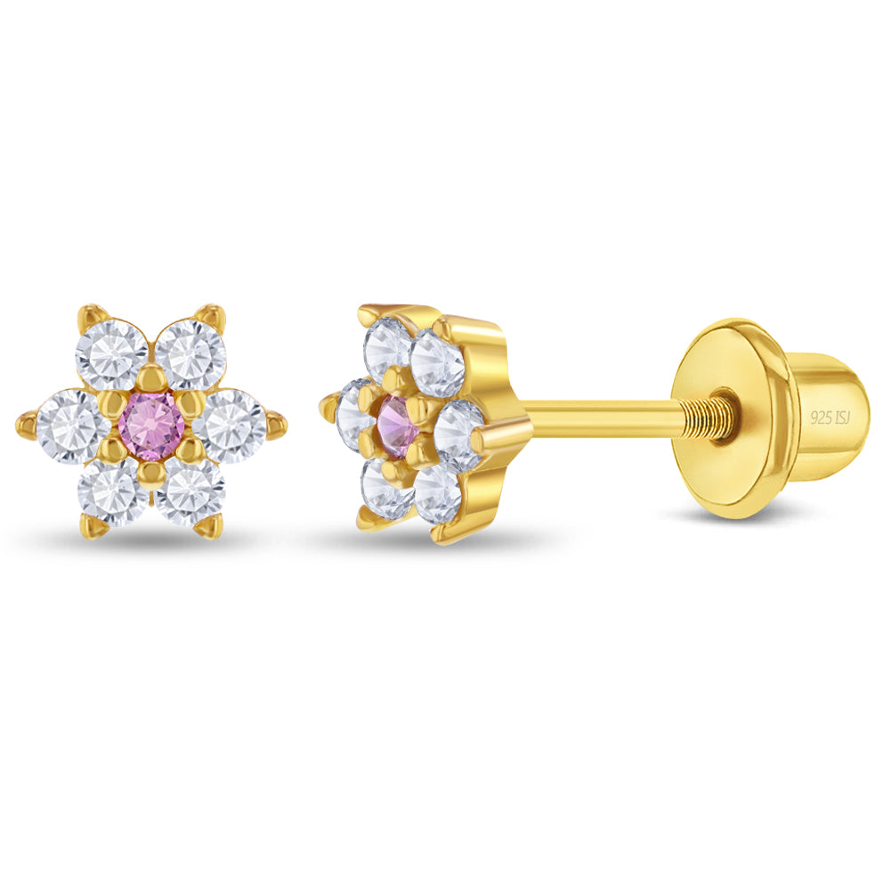 Sterling Silver & 14K Yellow Gold Flower Children's Stud Earrings with Screw Backs