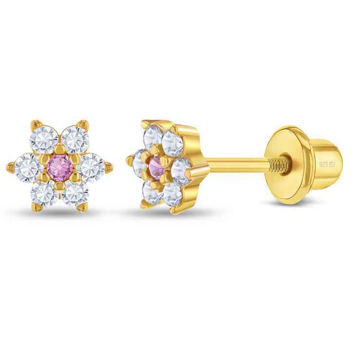 Flower Children's Stud Earrings | Sterling Silver & 14K Yellow Gold-Plated | Clear & Pink Cubic Zirconia | Screw Backs | GP-03-01158 - Brownee Jewelers