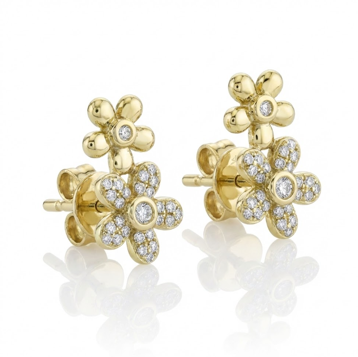 SHY CREATION | DIAMOND BEZEL FLOWER STUD EARRINGS | 14K YELLOW GOLD | 0.16 CTW | SC55019332 - Brownee Jewelers
