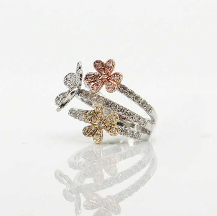 Tri-Color Diamond Floral Ring | 14K Gold | 1.14 ctw | Statement Flower Ring - Brownee Jewelers