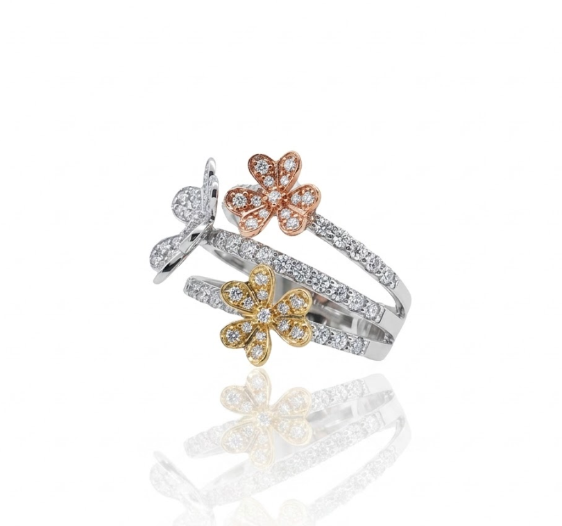 Tri-Color Diamond Floral Ring | 14K Gold | 1.14 ctw | Statement Flower Ring - Brownee Jewelers