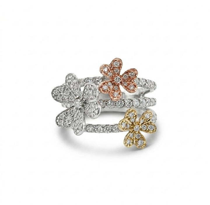 Tri-Color Diamond Floral Ring | 14K Gold | 1.14 ctw | Statement Flower Ring - Brownee Jewelers