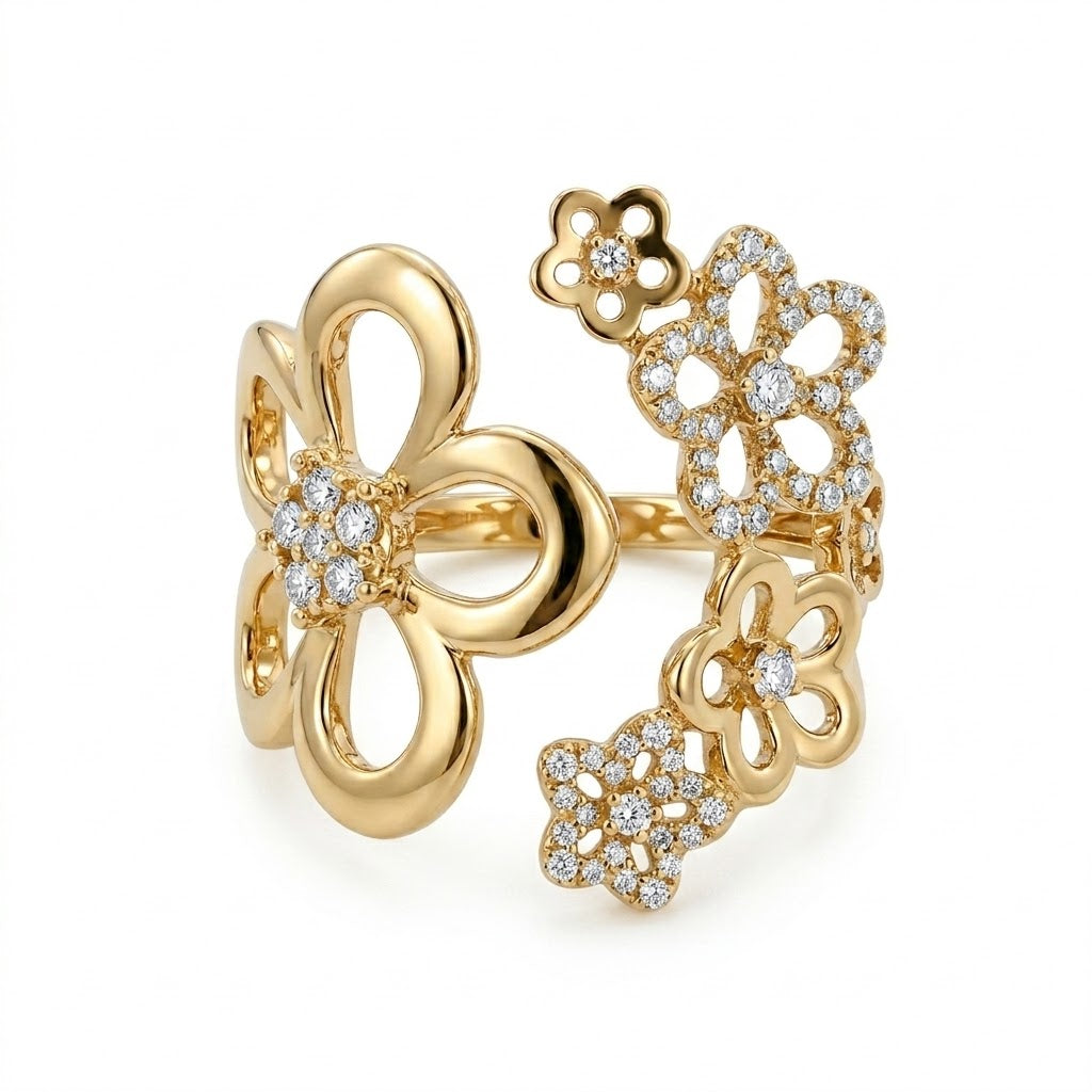 Diamond Floral Openwork Wide Ring | 14K Yellow Gold | Statement Fashion Ring - Brownee Jewelers