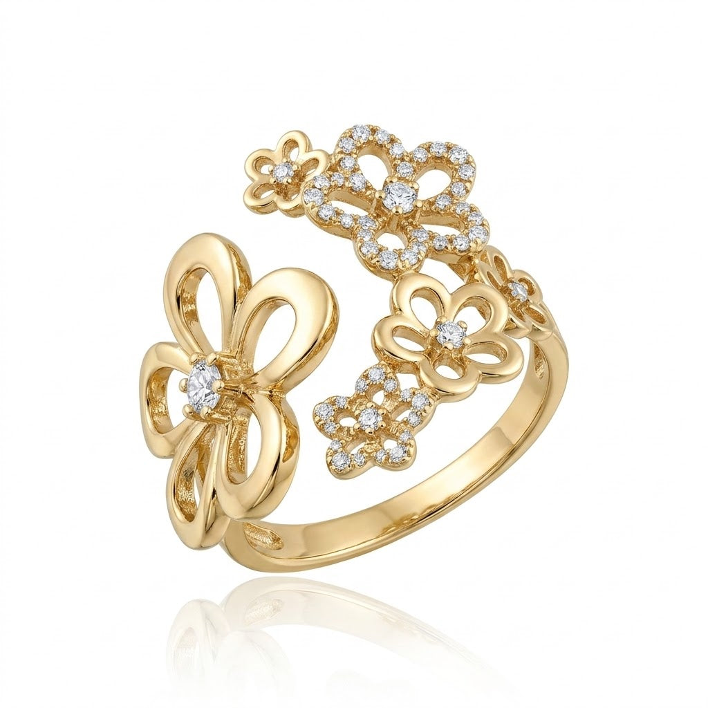 Diamond Floral Openwork Wide Ring | 14K Yellow Gold | Statement Fashion Ring - Brownee Jewelers