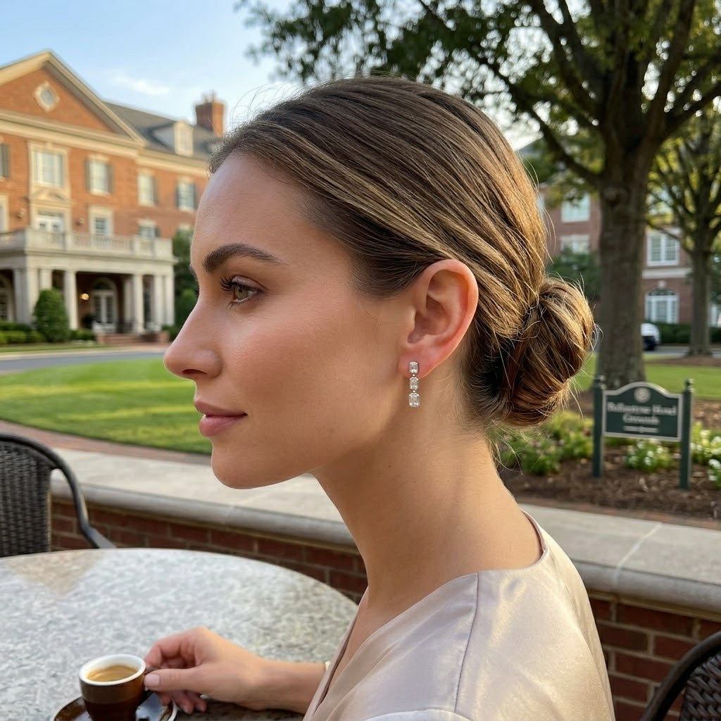 Emerald-Cut Lab-Grown Diamond Bezel Dangle Earrings | 14K White Gold | 3.50 CTW Lab-Grown Diamonds | Three-Stone Drop Earrings - Brownee Jewelers