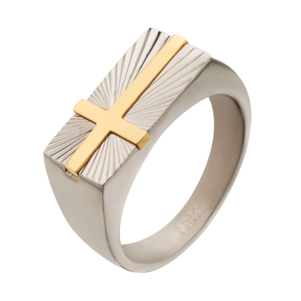 Stainless Steel with Gold IP Transfiguration Cross Ring size 10