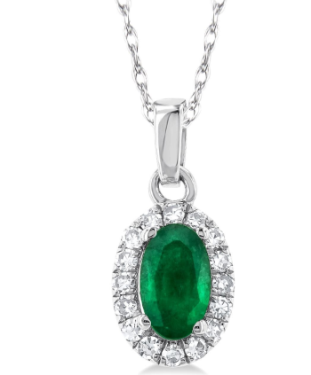 Emerald & Diamond Halo Pendant, 0.07 ctw | 10K White Gold - Brownee Jewelers