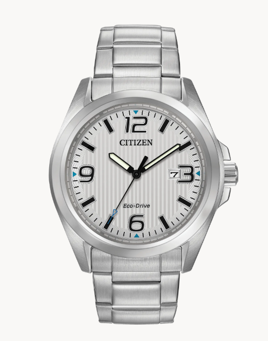 Citizen Garrison | Eco-Drive Men’s Watch | Stainless Steel | Silver Dial | Stainless Steel Bracelet | Date Display | WR 100M - Brownee Jewelers