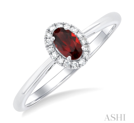 Garnet & Diamond Halo Ring, 0.07 ctw | 10K White Gold | - Brownee Jewelers