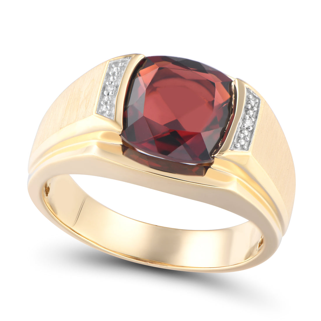 10K Yellow Gold Cushion Garnet & Diamond Gentlemen’s Ring