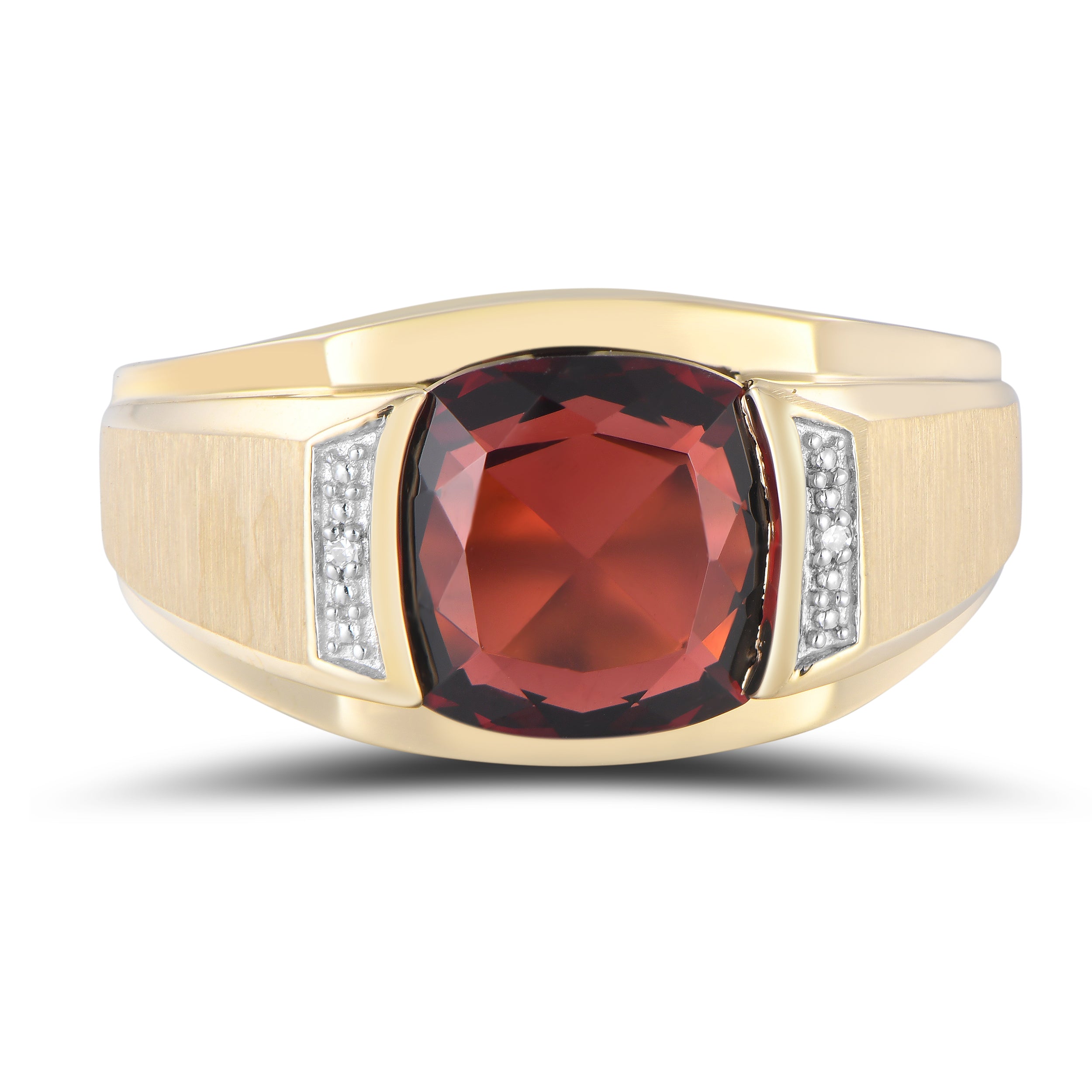 10K Yellow Gold Cushion Garnet & Diamond Gentlemen’s Ring