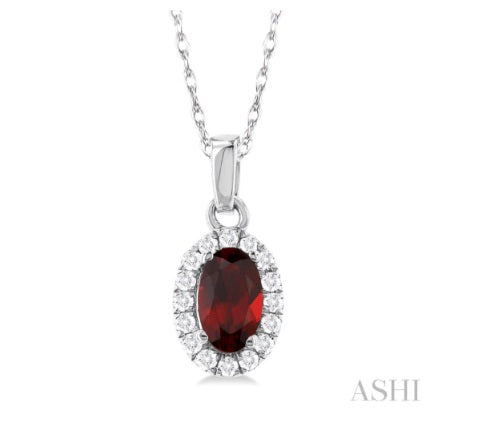 Garnet & Diamond Halo Pendant, 0.07 ctw | 10K White Gold - Brownee Jewelers