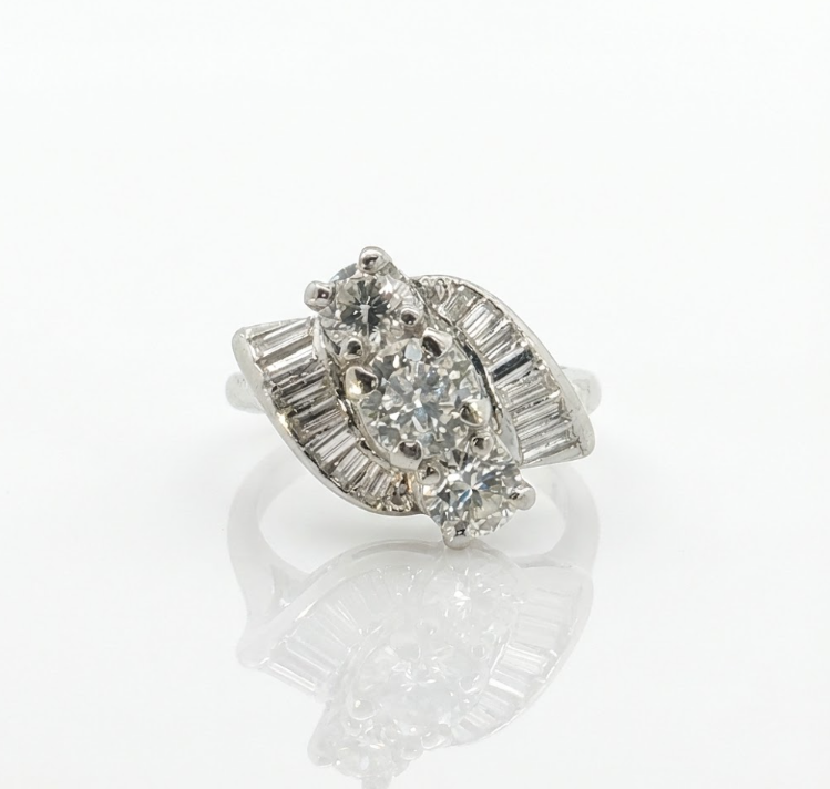 Round & Baguette Diamond Ring | 14K White Gold | 0.72 ctw | Cluster Three-Stone Style | Statement Ring - Brownee Jewelers