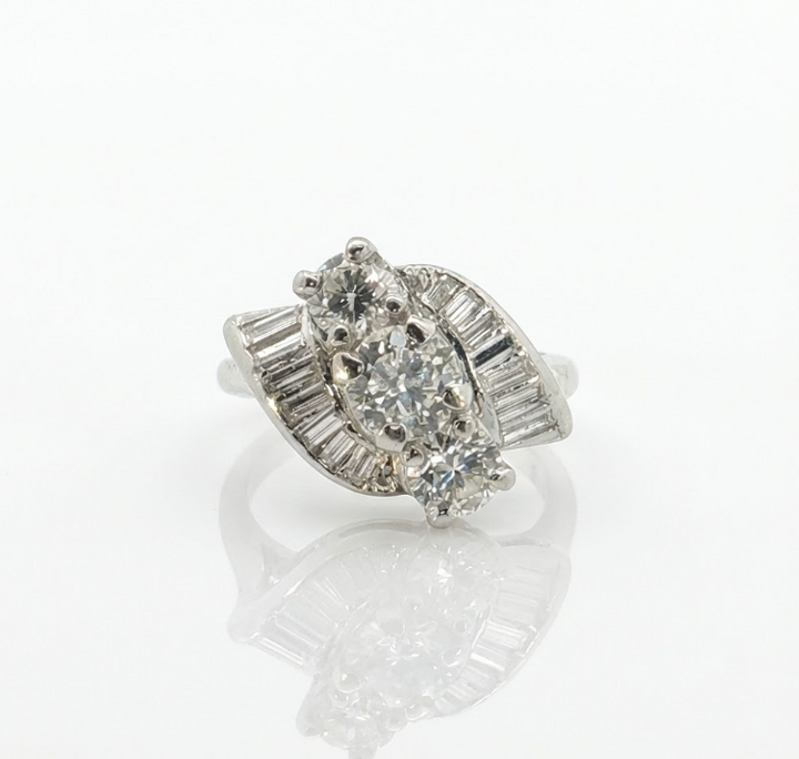 Round & Baguette Diamond Ring | 14K White Gold | 0.72 ctw | Cluster Three-Stone Style | Statement Ring - Brownee Jewelers