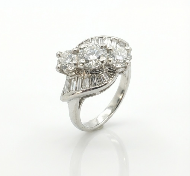 Round & Baguette Diamond Ring | 14K White Gold | 0.72 ctw | Cluster Three-Stone Style | Statement Ring - Brownee Jewelers
