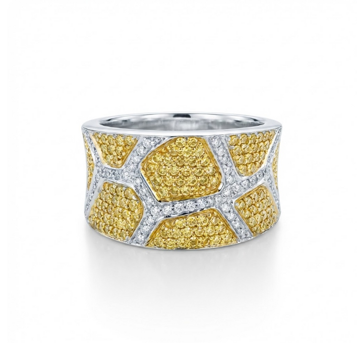 Yellow & White Diamond Ring | 0.75 ctw | 18K White Gold | Geometric Pavé Band - Brownee Jewelers