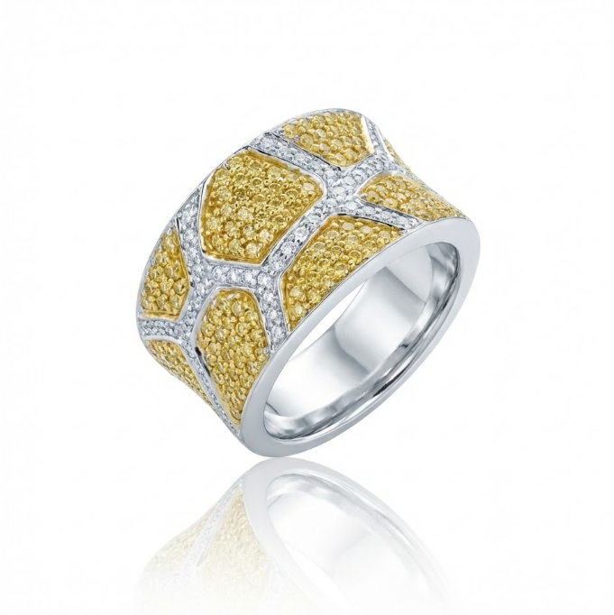 Yellow & White Diamond Ring | 0.75 ctw | 18K White Gold | Geometric Pavé Band - Brownee Jewelers