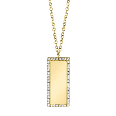 Diamond Rectangle Bar Pendant Necklace | 14K Yellow Gold | Round Diamond Halo | 18" - Brownee Jewelers