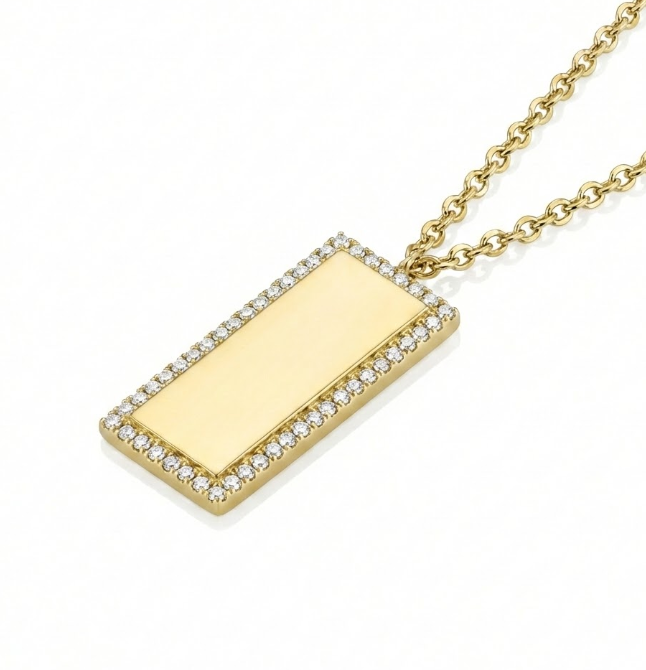 Diamond Rectangle Bar Pendant Necklace | 14K Yellow Gold | Round Diamond Halo | 18" - Brownee Jewelers