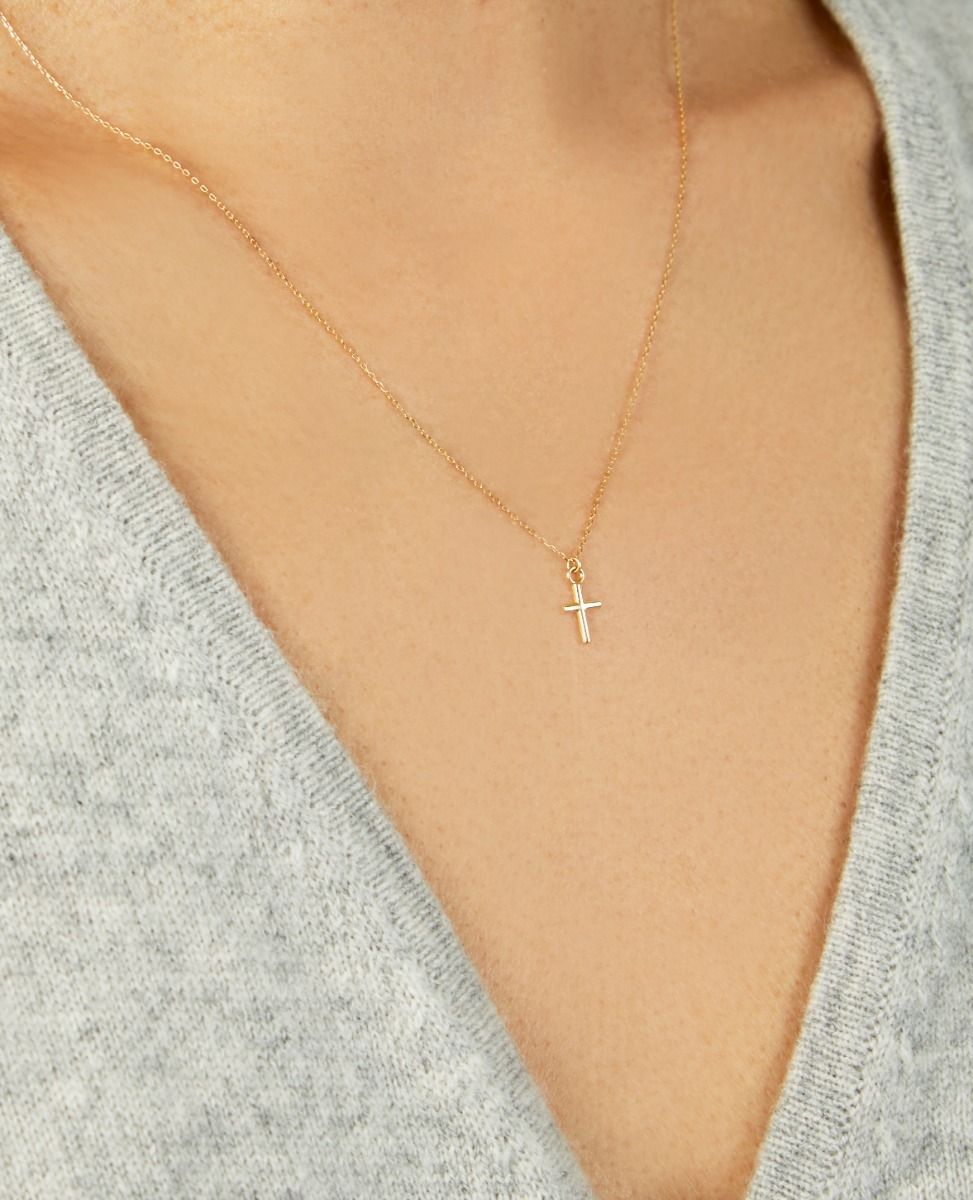 17.75 Inch Mini Cross Necklace in 14K Yellow Gold with a Spring Ring Clasp