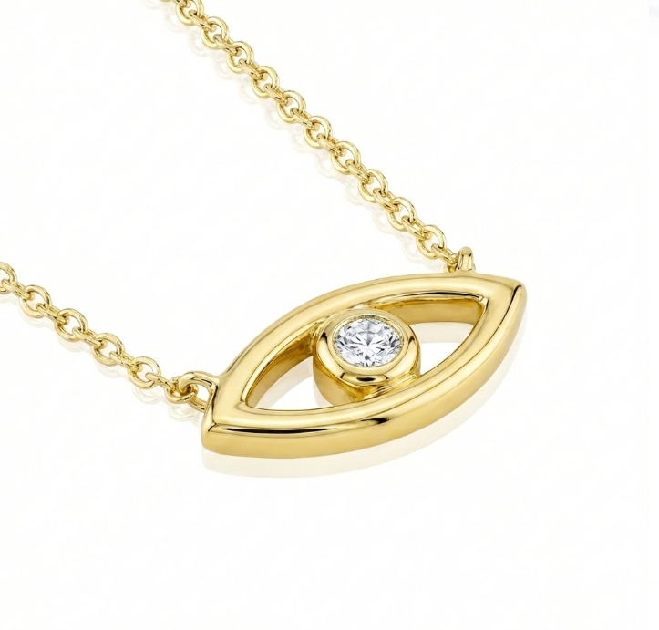 Diamond Bezel Evil Eye Necklace | 14K Yellow Gold | 0.04 ctw | Eye Pendant - Brownee Jewelers