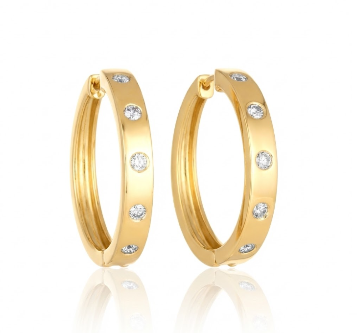 Bezel-Set Diamond Hoop Earrings | 14K Yellow Gold | Round Diamonds | Hinged Hoops - Brownee Jewelers