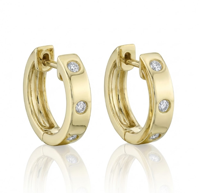 Diamond Huggie Earrings | 14K Yellow Gold | 0.11 ctw | Bezel Set Hoop Earrings - Brownee Jewelers
