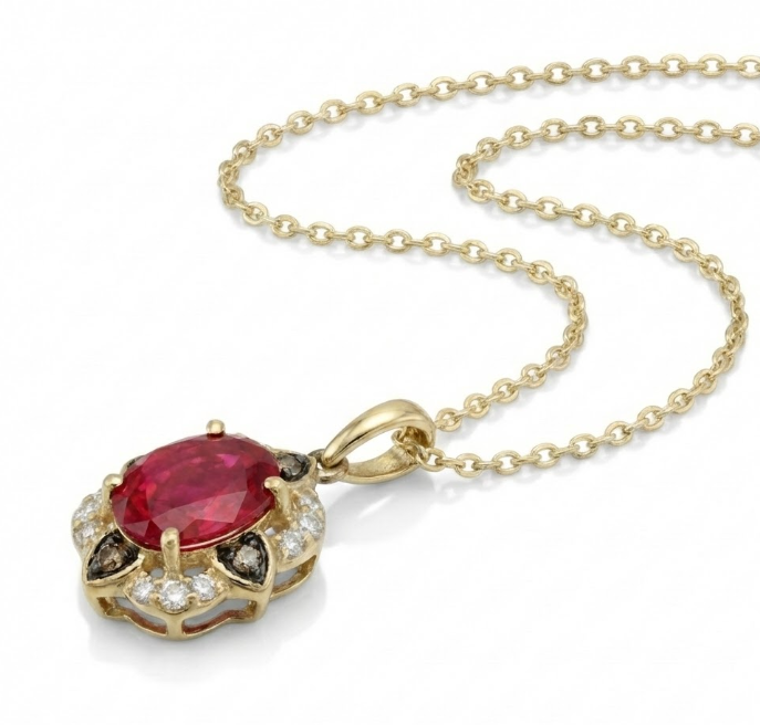 Oval Garnet & Diamond Halo Pendant | 14K Yellow Gold | 1.10 ctw | Chocolate & Vanilla Diamonds® - Brownee Jewelers