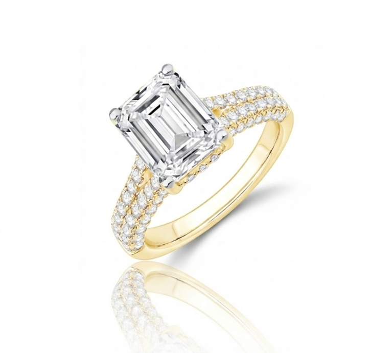 Emerald-Cut Lab-Grown Diamond Engagement Ring | 14K Yellow Gold | Approx. 4 ct Center VS2 F | Pavé Diamond Band - Brownee Jewelers