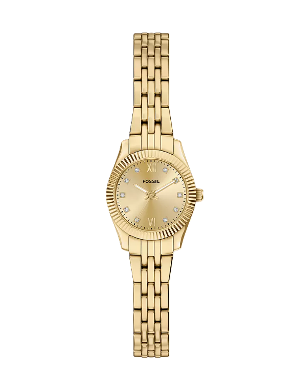 Scarlette Mini Three-Hand Watch | Fossil | Gold-Tone Stainless Steel | Gold Dial | Rectangular Case - Brownee Jewelers