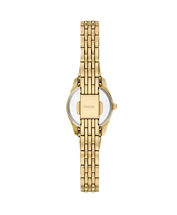 Scarlette Mini Three-Hand Watch | Fossil | Gold-Tone Stainless Steel | Gold Dial | Rectangular Case - Brownee Jewelers