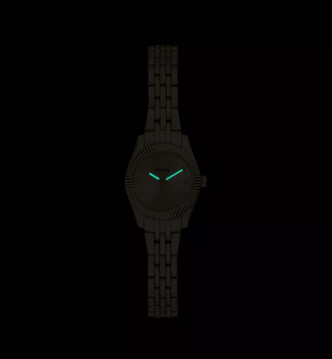 Scarlette Mini Three-Hand Watch | Fossil | Gold-Tone Stainless Steel | Gold Dial | Rectangular Case - Brownee Jewelers