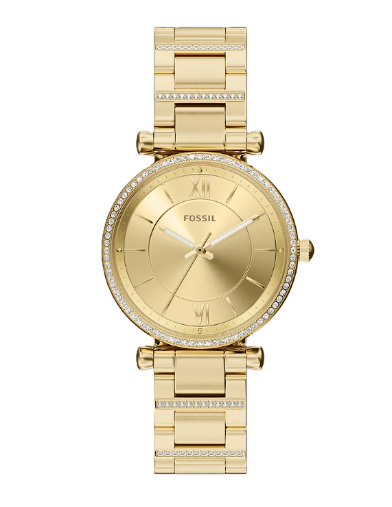 Carlie Three-Hand Watch | Fossil | Gold-Tone Stainless Steel | Gold Dial | Chain-Link Bracelet - Brownee Jewelers