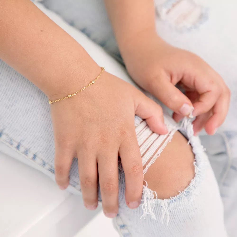 Adjustable 5 to 6 Inch Sterling Silver & 14K Yellow Gold-Plated 2mm Satellite Bead Kids Bracelet with Lobster Clasp