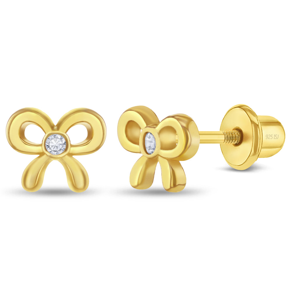 Sterling Silver & 14K Yellow Gold-Plated Petite Bow Kids Stud Earrings with Screw Backs