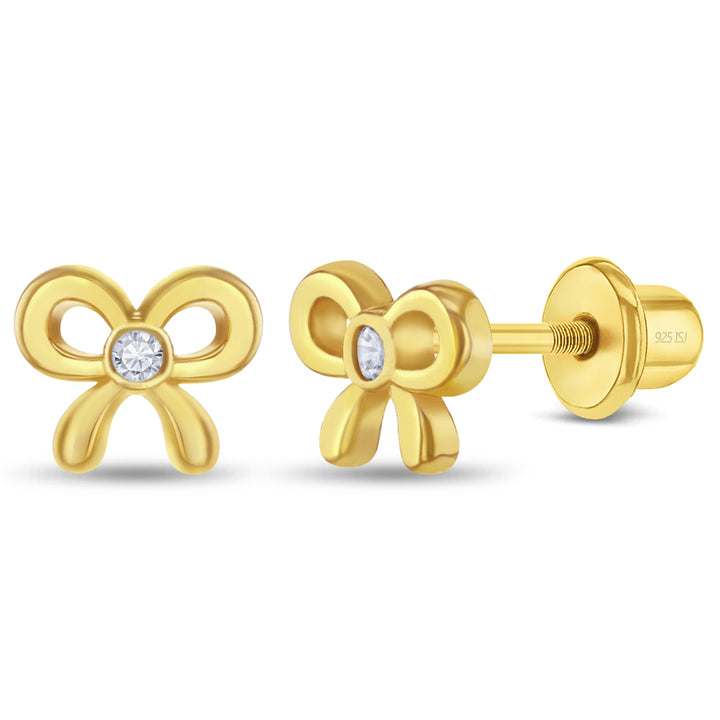 Petite Bow Kids Stud Earrings | Sterling Silver & 14K Yellow Gold-Plated | CZ Bow Design | Screw Back | GP-03-01174 - Brownee Jewelers